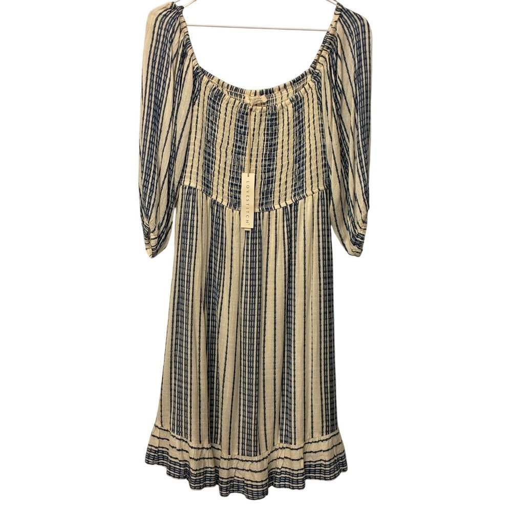 Lovestitch Smocked Midi Dress Blue Cream Striped Cottagecore NWT Small